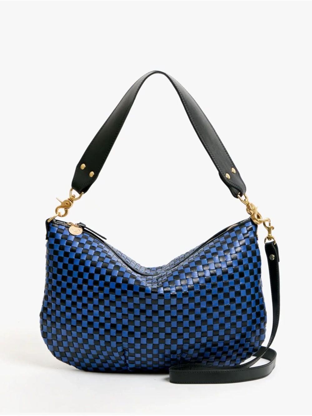 Clare V Moyen Messenger Blue & Black Checkered Woven Leather